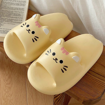 Cream Yellow Kitten & Brown Bear Squishy Platform Slippers
