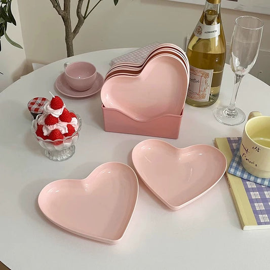 Pink Heart-Shaped Serving Dish &amp; Bone Plate Set (8 Pieces with Base)