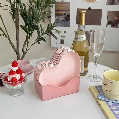Pink Heart-Shaped Serving Dish &amp; Bone Plate Set (8 Pieces with Base)