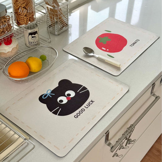 Cute Cat & Tomato Absorbent Non-Slip Draining Mat