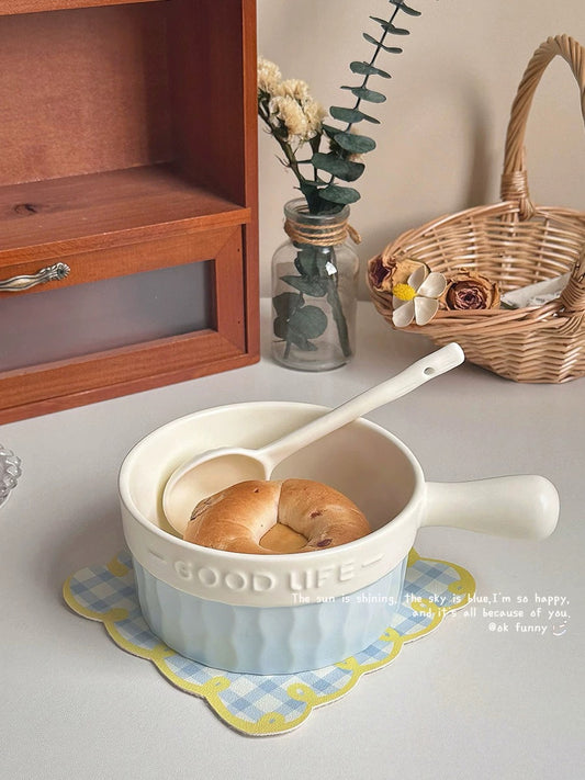 French Blue & White Ceramic Handle Bowl (GOOD LIFE Embossed Design)