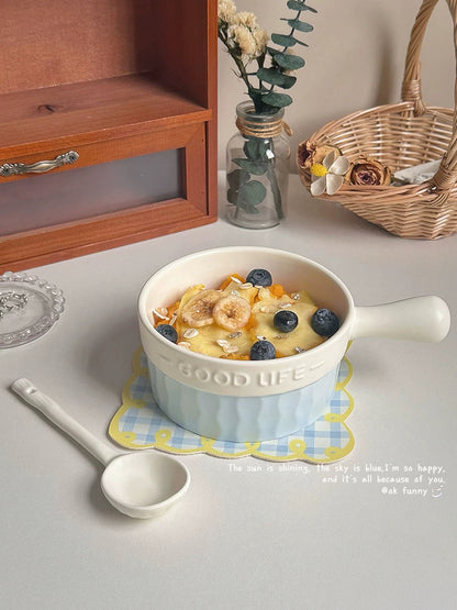 French Blue & White Ceramic Handle Bowl (GOOD LIFE Embossed Design)