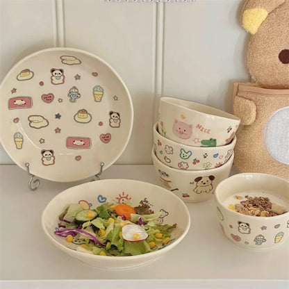 Cute Doodle Cream-colored Rabbit and Puppy Bowl and Plate Set