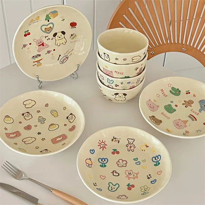 Cute Doodle Cream-colored Rabbit and Puppy Bowl and Plate Set