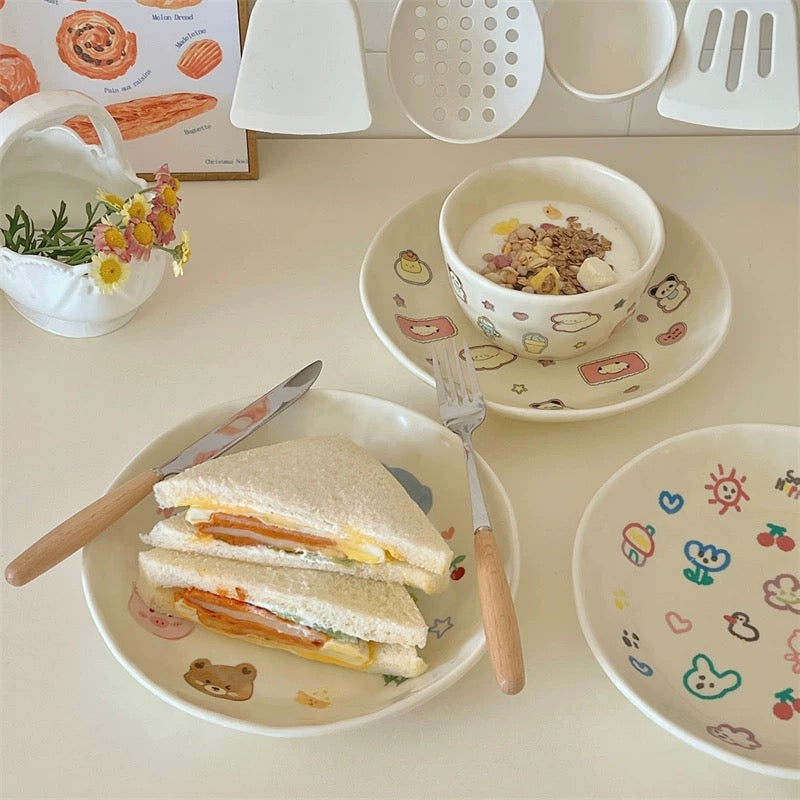 Cute Doodle Cream-colored Rabbit and Puppy Bowl and Plate Set