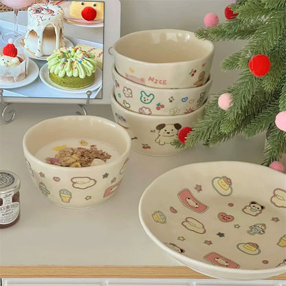 Cute Doodle Cream-colored Rabbit and Puppy Bowl and Plate Set