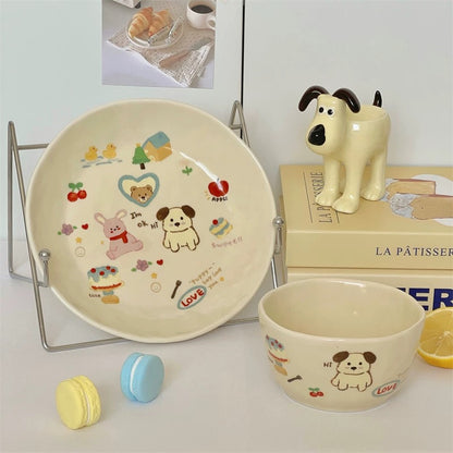 Cute Doodle Cream-colored Rabbit and Puppy Bowl and Plate Set