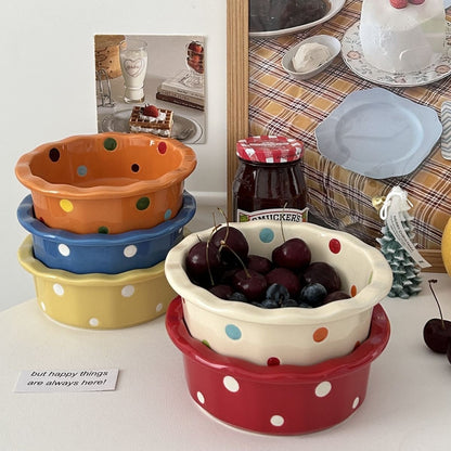 Polka Dot Ceramic Bowl with Scalloped Edges