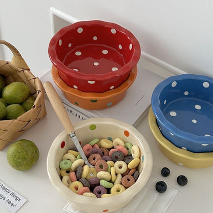 Polka Dot Ceramic Bowl with Scalloped Edges