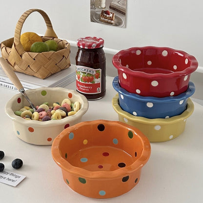 Polka Dot Ceramic Bowl with Scalloped Edges