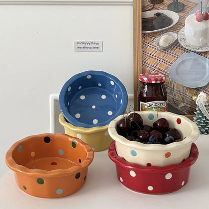 Polka Dot Ceramic Bowl with Scalloped Edges