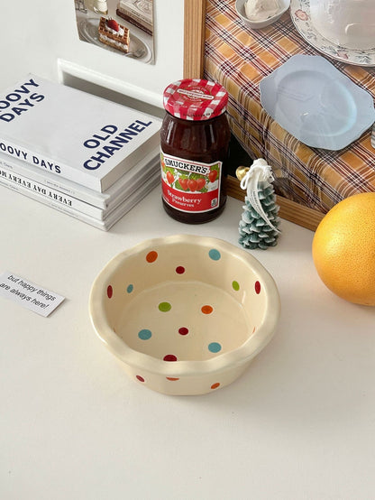 Polka Dot Ceramic Bowl with Scalloped Edges