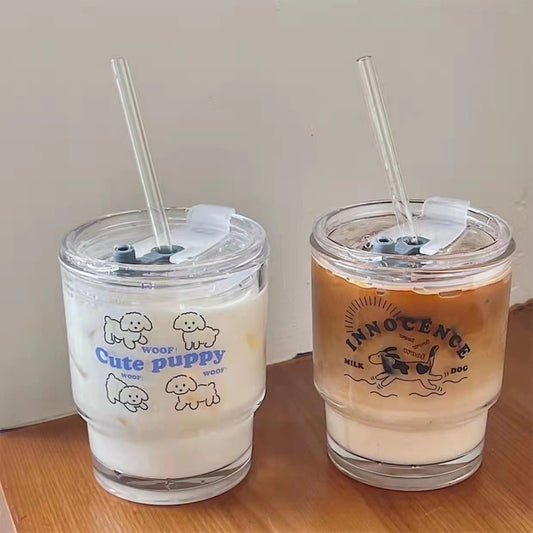 American Coffee Glass Mug With Straw