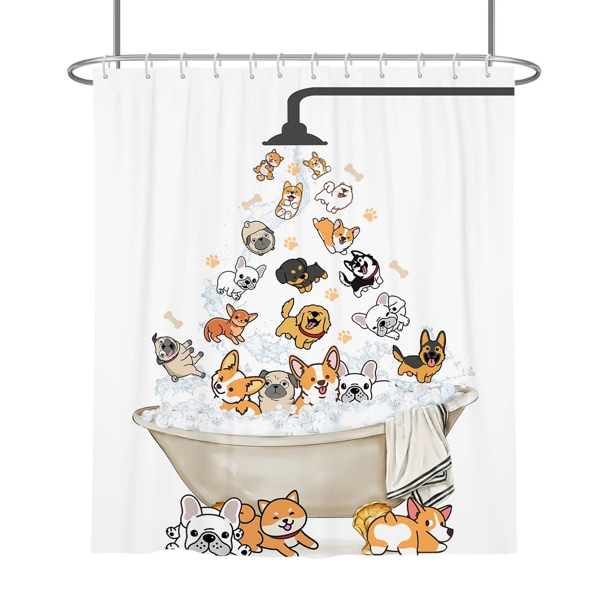 Multi-Dog Bubble Bath Shower Curtain With Hooks