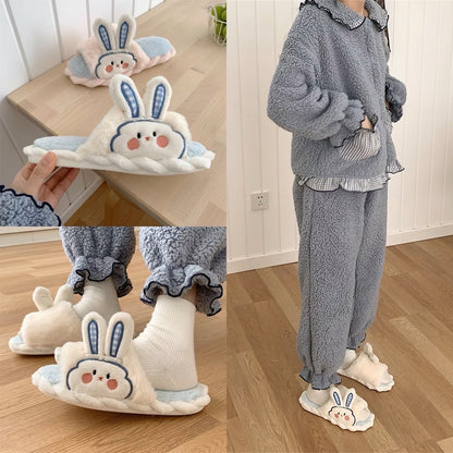 Cute Blue Bunny Ear Cotton Home Slippers for Woman