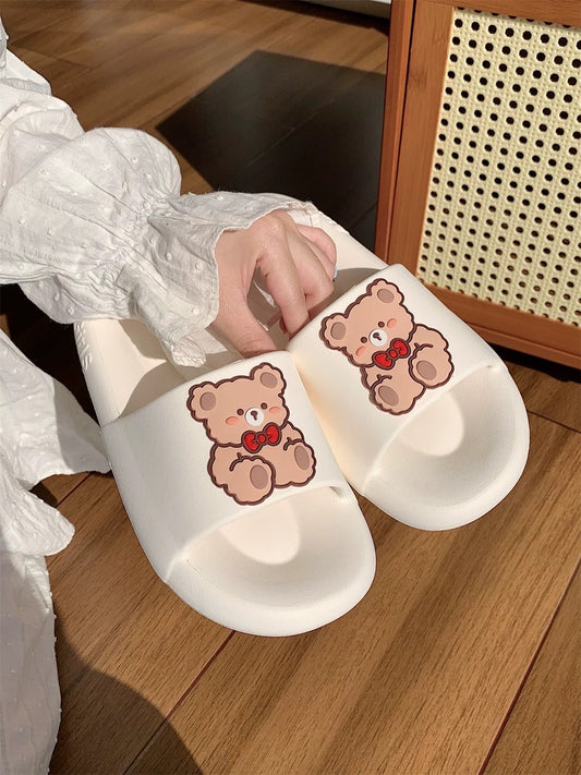 Cute Red Bow Tie Teddy Bear Slippers for Women