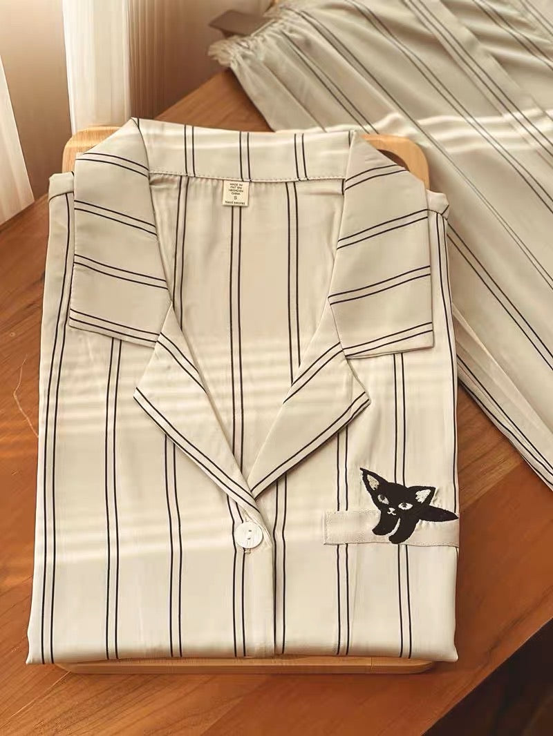 Striped Kitten Print Silk Pajama Set