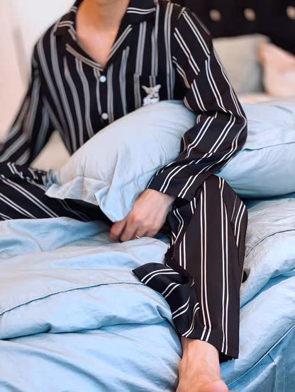 Striped Puppy Print Silk Pajama Set