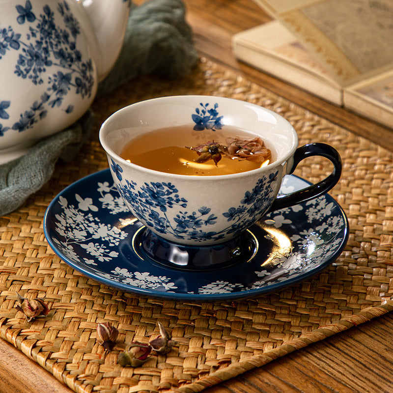 Blue &amp; White Floral Ceramic Cup and Saucer Set