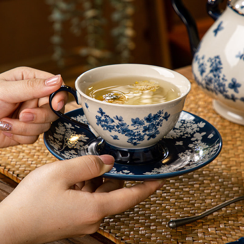 Blue &amp; White Floral Ceramic Cup and Saucer Set