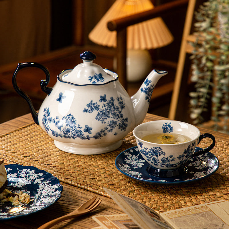 Blue &amp; White Floral Ceramic Cup and Saucer Set