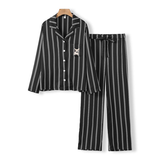 Striped Puppy Print Silk Pajama Set