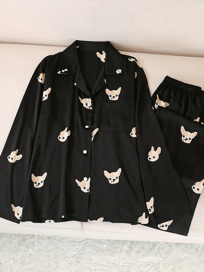 Lucky French Bulldog Print Silk Pajama Set