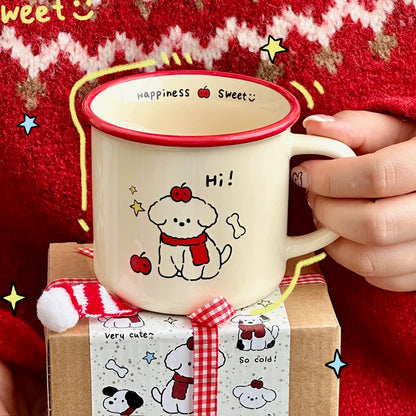 Red Apple & Scarf Puppy Handle Mug