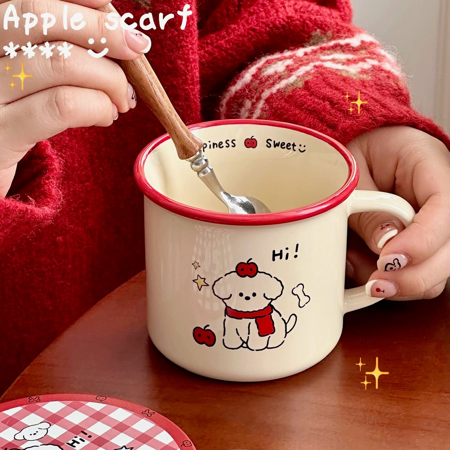 Red Apple & Scarf Puppy Handle Mug