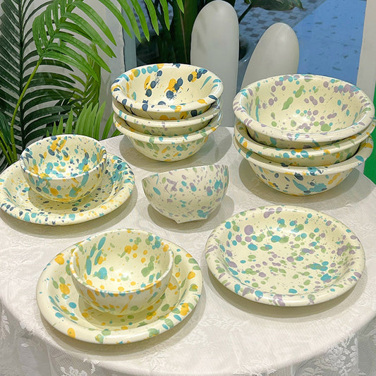 Korean-Style Iridescent Ceramic Splatter-Edge Bowl