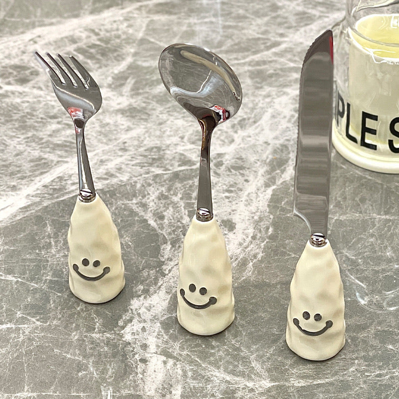 Smiley Face Ceramic Handle Cutlery Set (3-Piece)