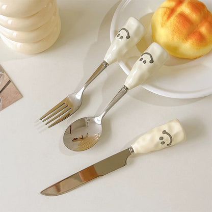 Smiley Face Ceramic Handle Cutlery Set (3-Piece)