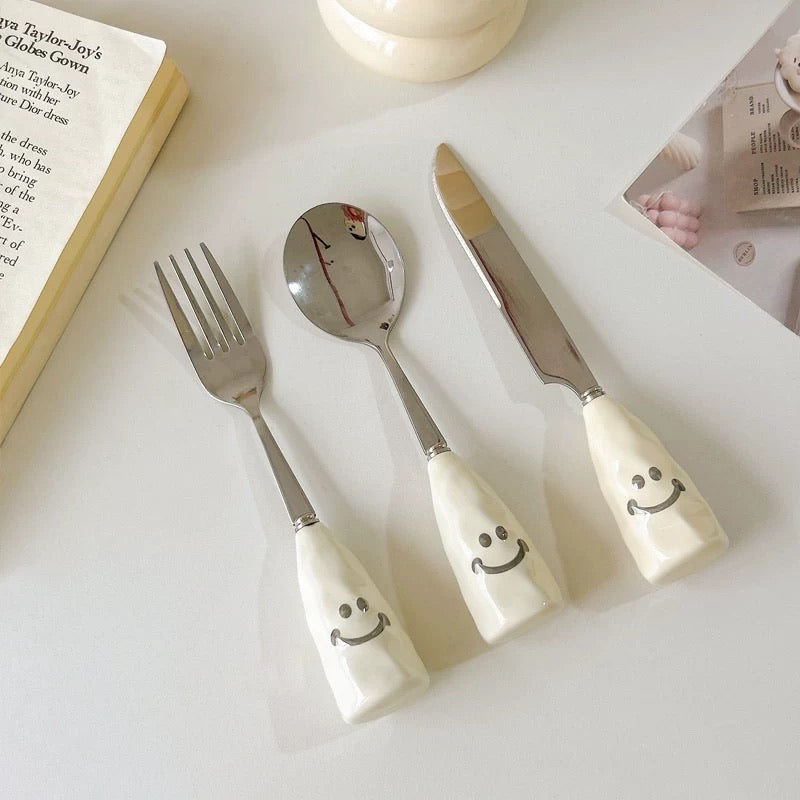 Smiley Face Ceramic Handle Cutlery Set (3-Piece)