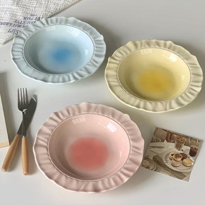 Gradient Macaron-Colored Fluted Ceramic Plate