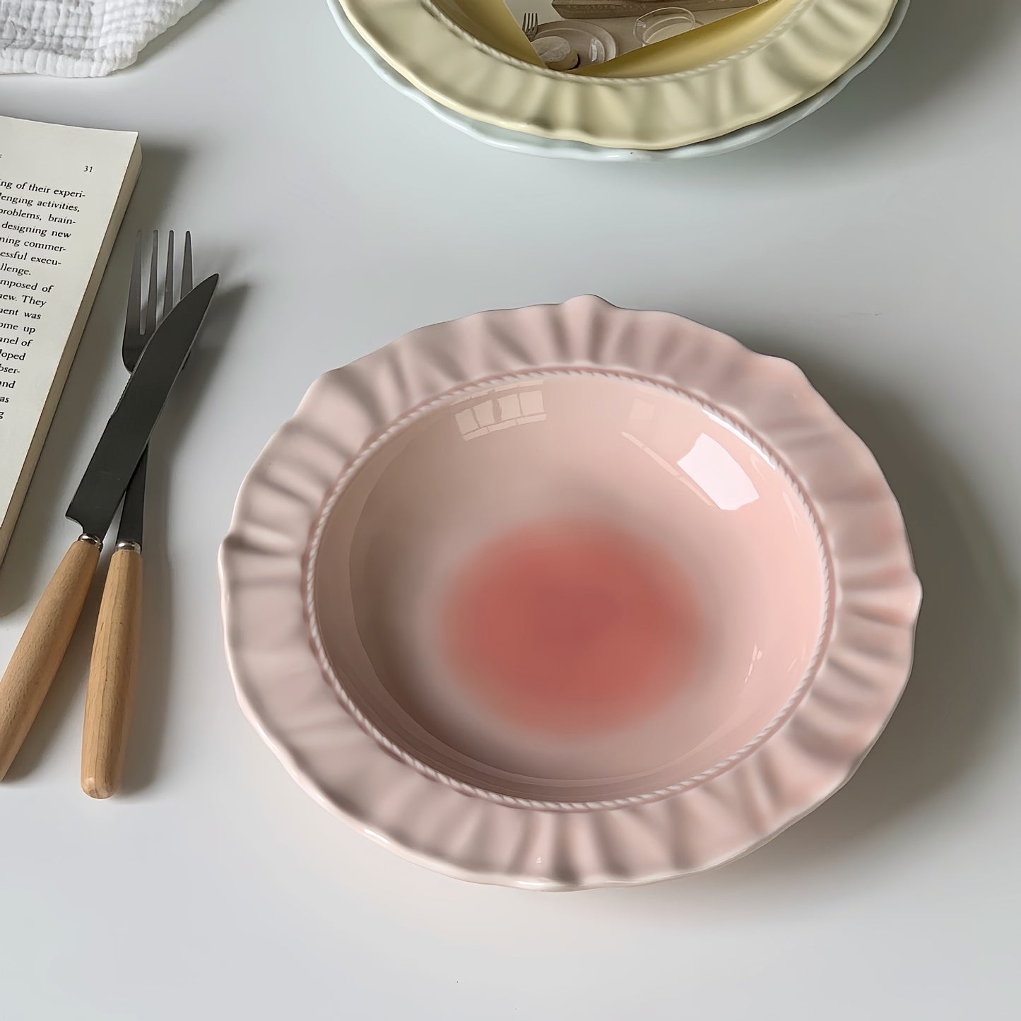 Gradient Macaron-Colored Fluted Ceramic Plate