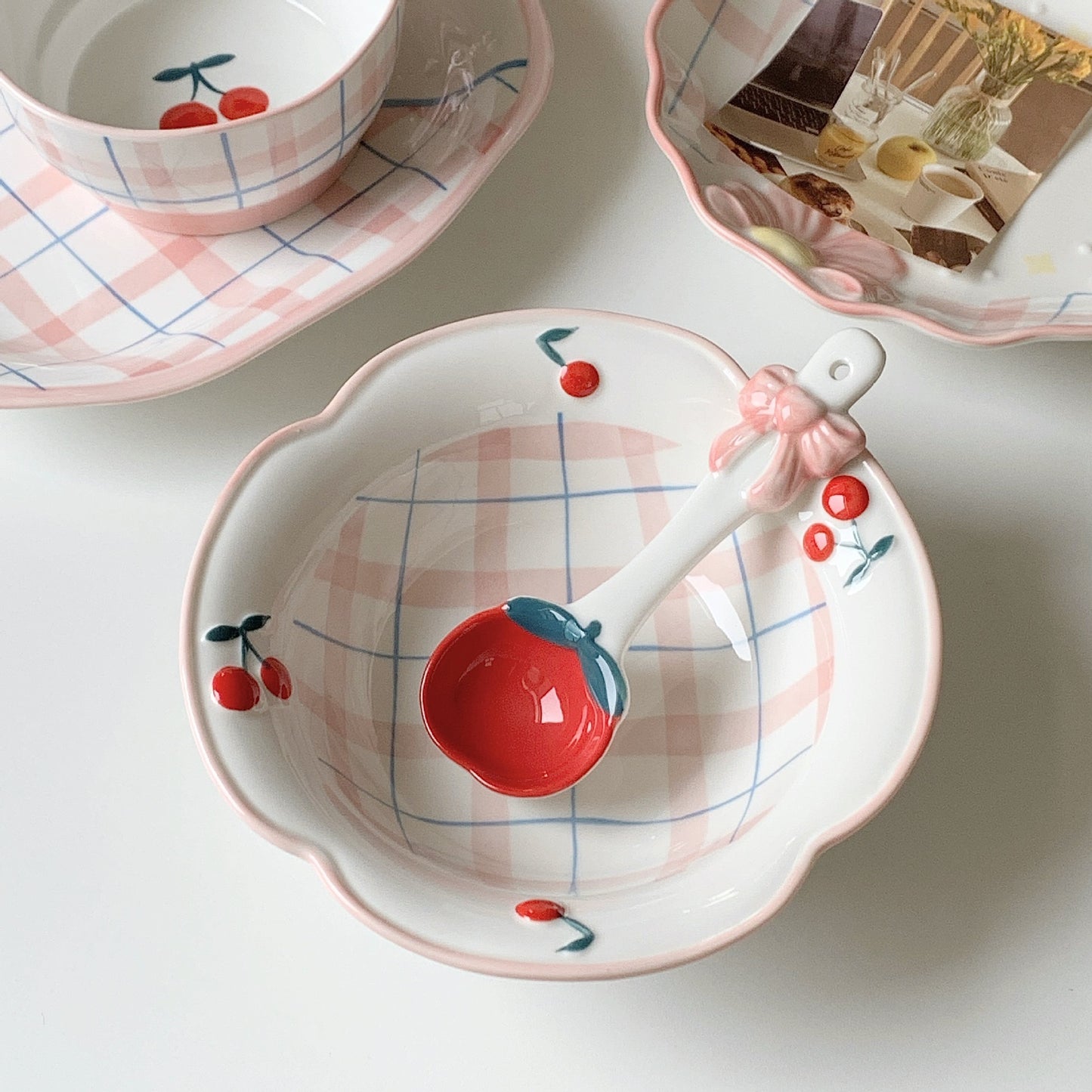 Cherry Gingham Ceramic Bowl and Spoon Set