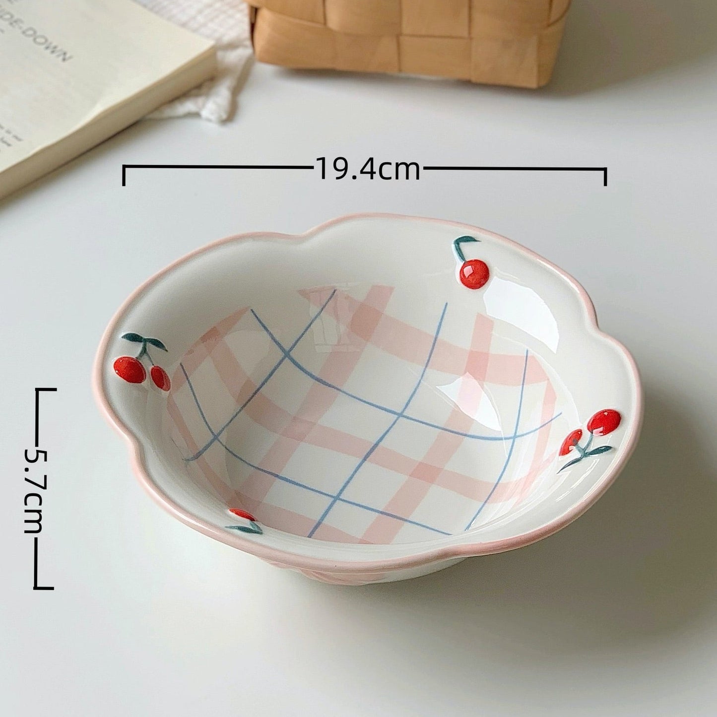 Cherry Gingham Ceramic Bowl and Spoon Set