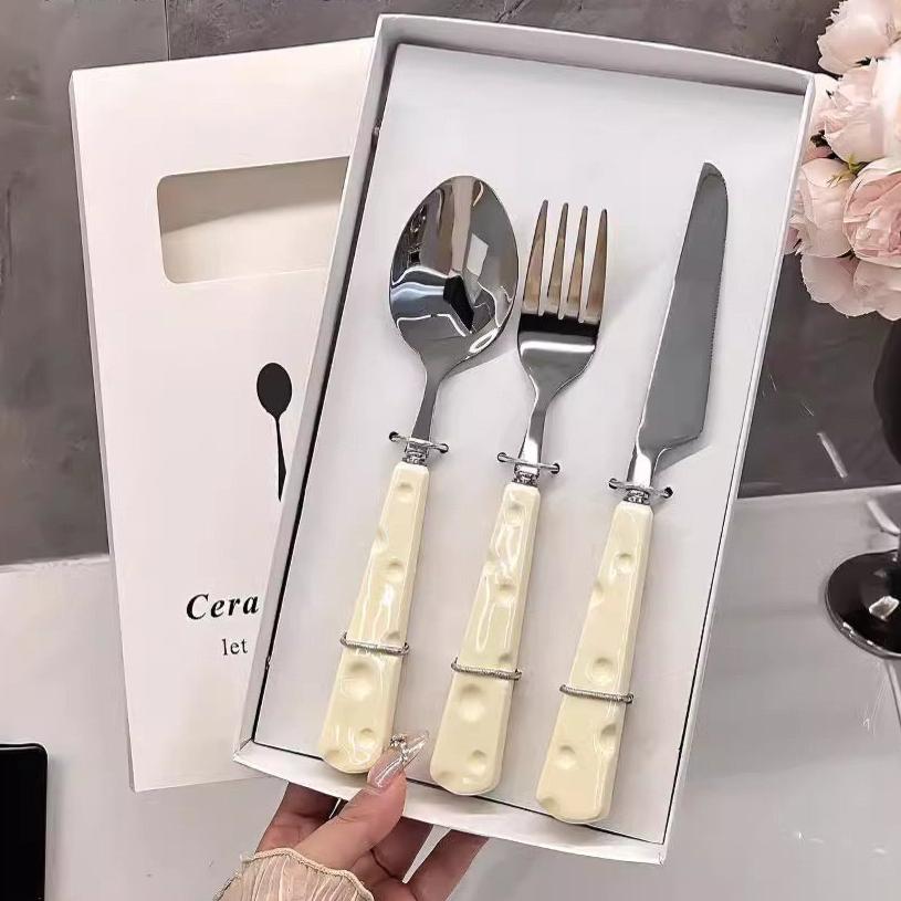 Cheese Stainless Steel Cutlery Set with Ceramic Handles 3-Piece Gift Set