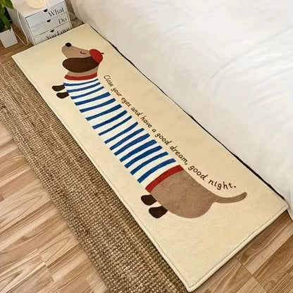 Cute Red-Hat Striped Dachshund Thick Faux Cashmere Bedside Rug