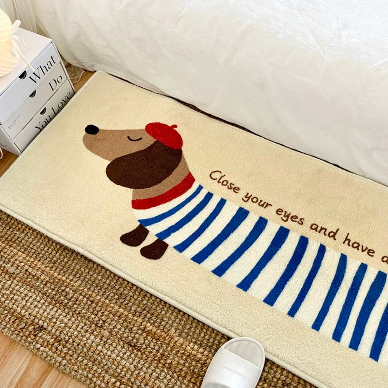 Cute Red-Hat Striped Dachshund Thick Faux Cashmere Bedside Rug