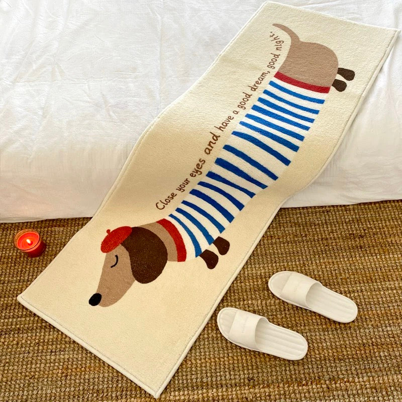 Cute Red-Hat Striped Dachshund Thick Faux Cashmere Bedside Rug