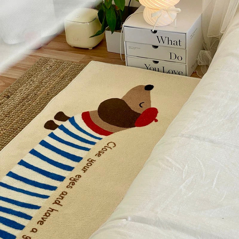 Cute Red-Hat Striped Dachshund Thick Faux Cashmere Bedside Rug