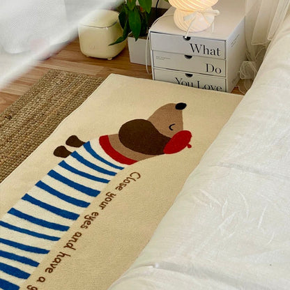 Cute Red-Hat Striped Dachshund Thick Faux Cashmere Bedside Rug