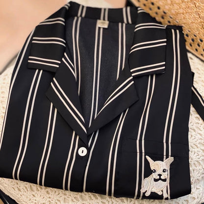 Striped Puppy Print Silk Pajama Set