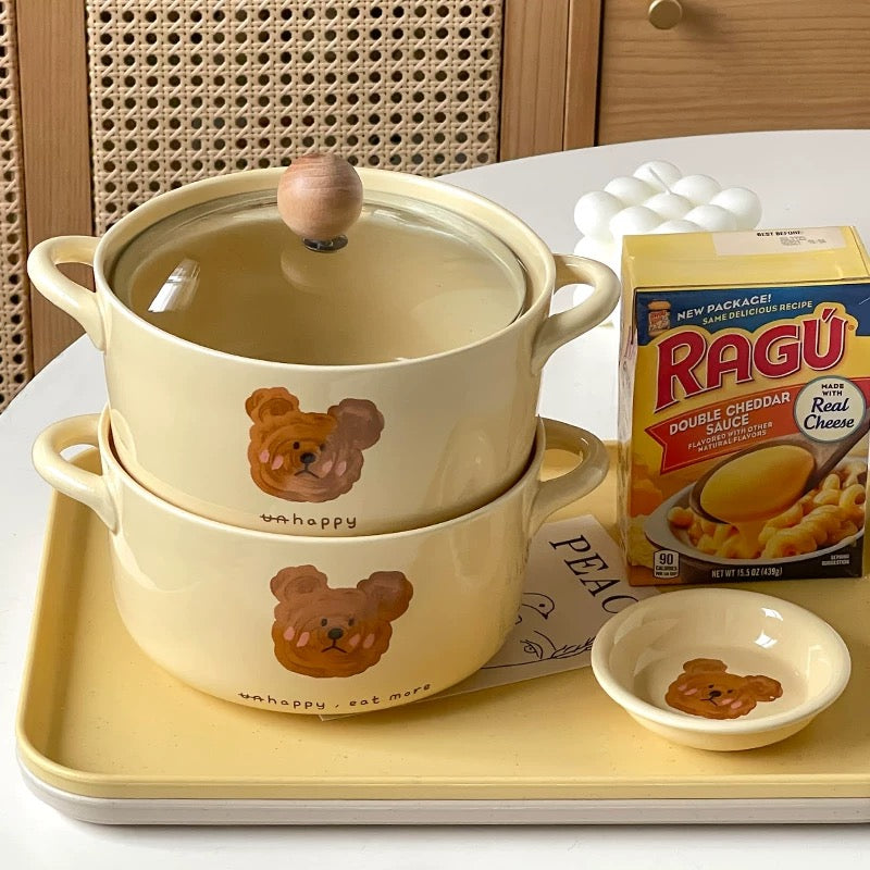 NoEmo Teddy Bear Expression Ceramic Noodle Bowl (with Glass Lid ...