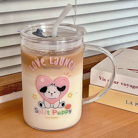 Extra-Large Cute Puppy Pattern Glass Mug With Straw