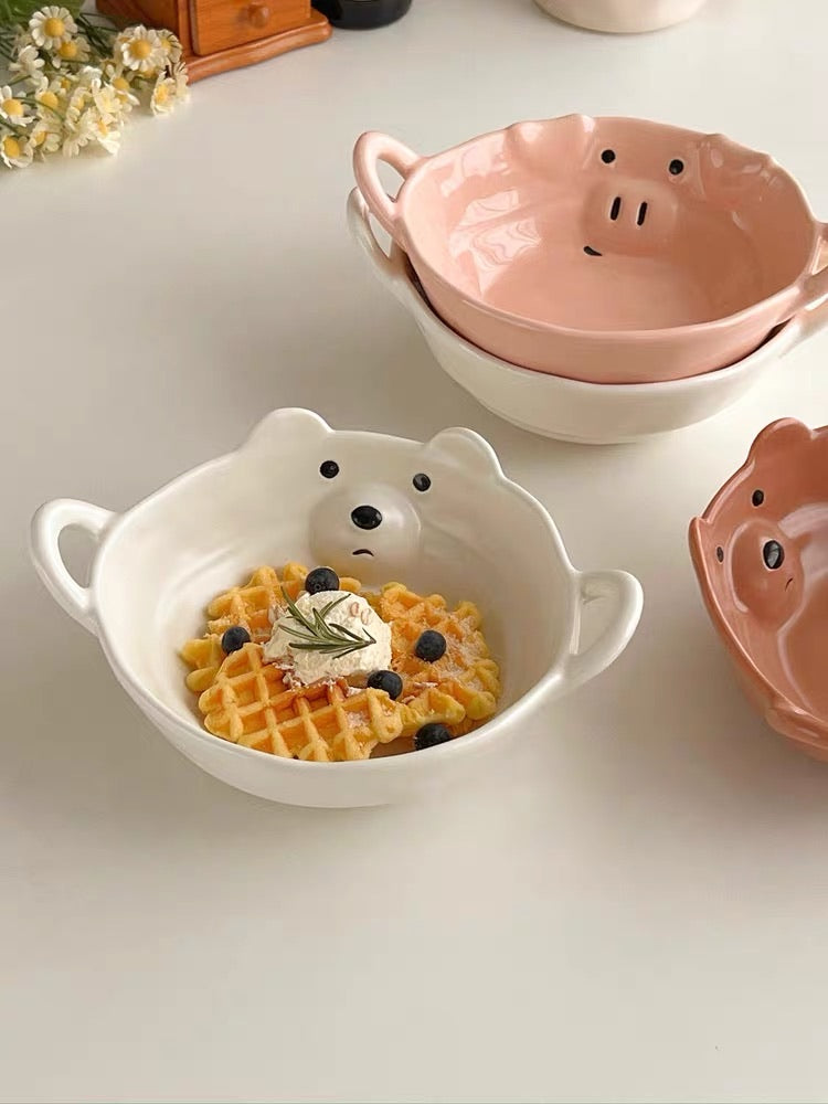 Korean Style Cute Dual-Handle Ceramic Bowl