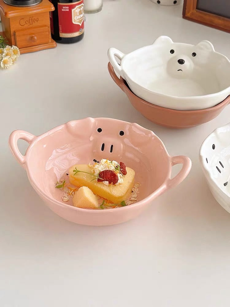 Korean Style Cute Dual-Handle Ceramic Bowl