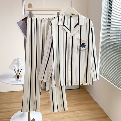 Striped Cat & Dog Couple Silk Long Sleeve Pajama Set