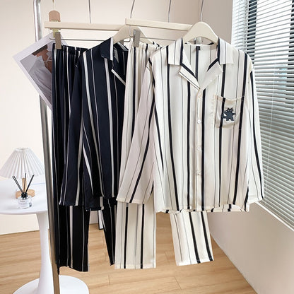 Striped Cat & Dog Couple Silk Long Sleeve Pajama Set